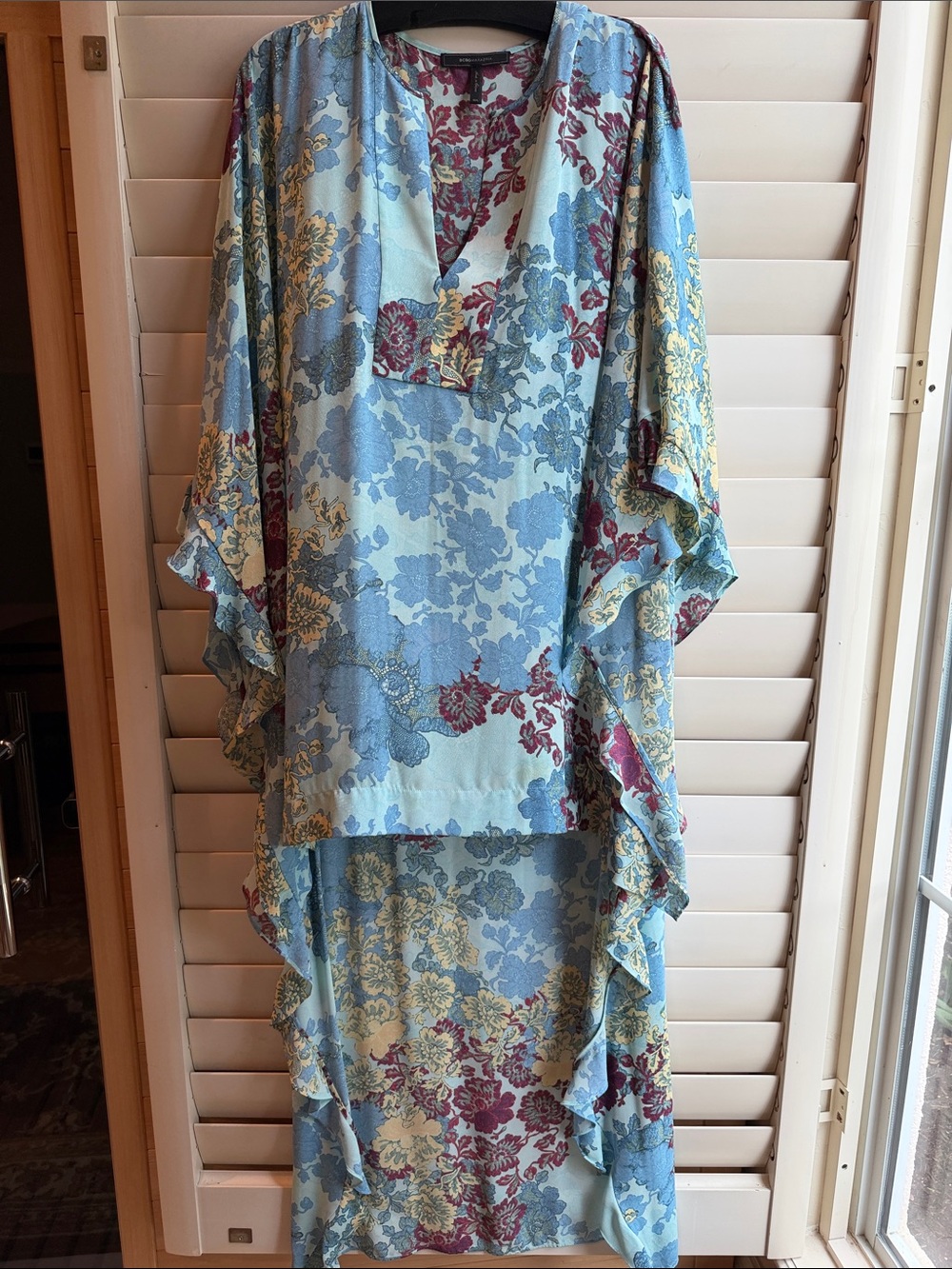 BCBGMaxAzria Light Blue Floral High-Low Ruffle Dress